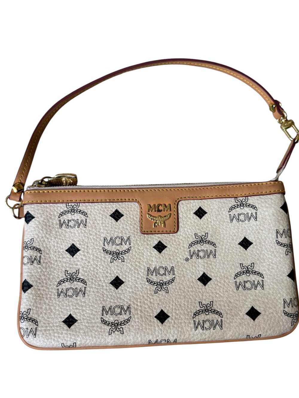 MCM White Logo Canvas Wristlet with Tan Leather Trim